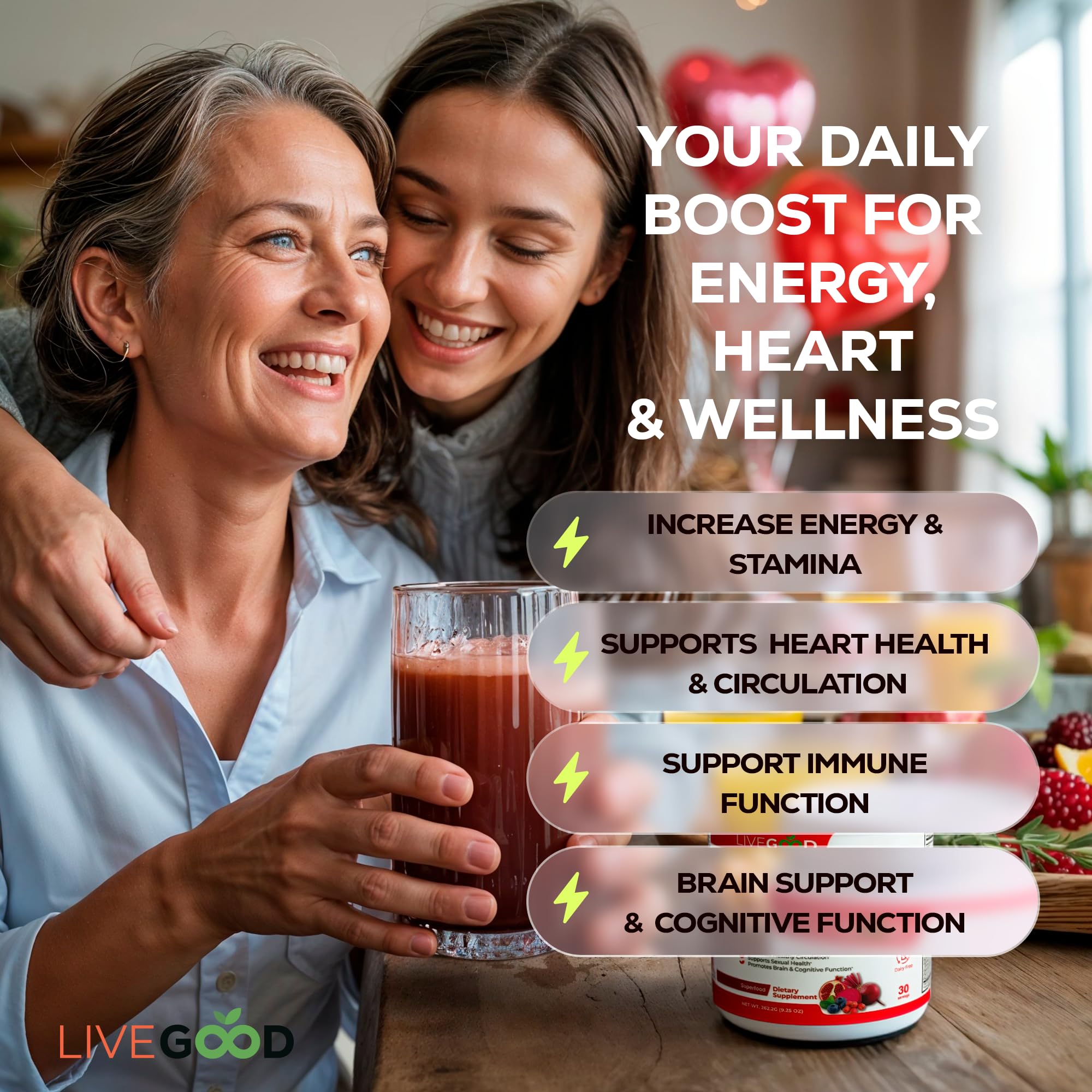 LiveGood Super Reds greens blend spoon demonstrates quick nutrient support.