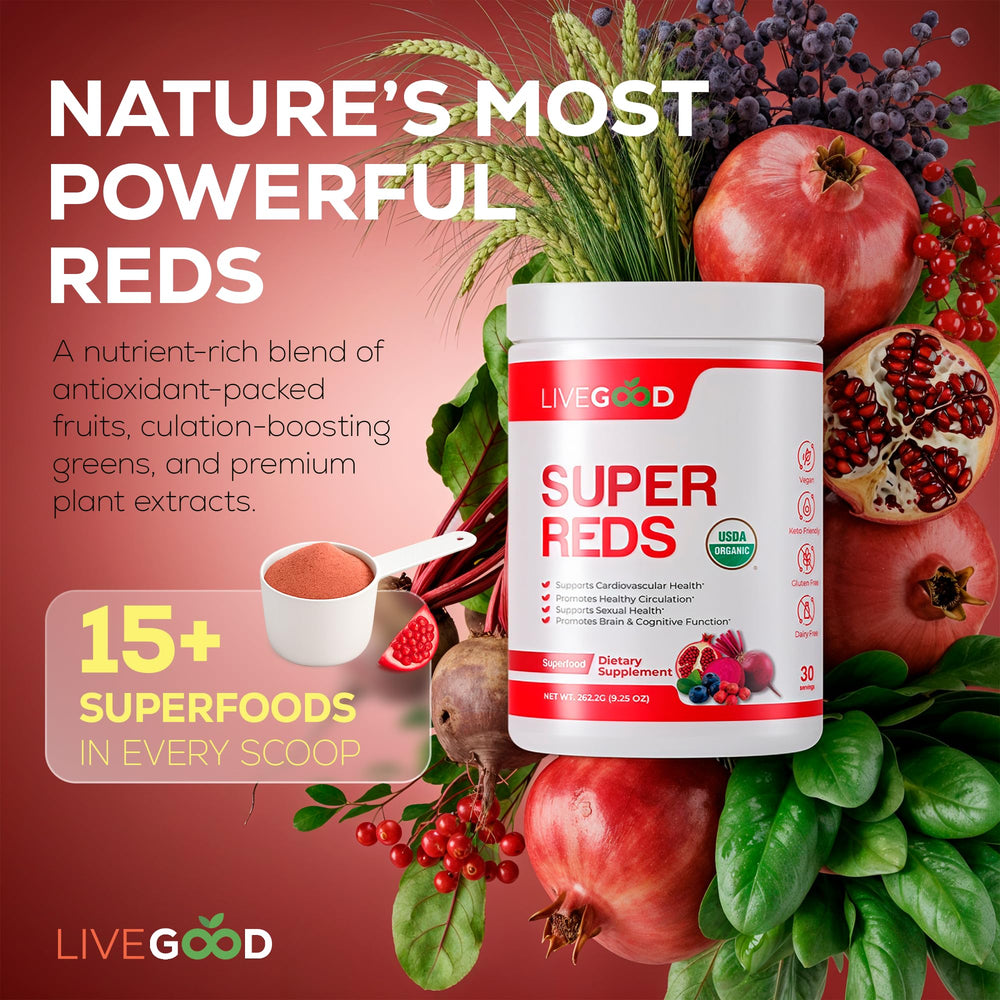 LiveGood Super Reds pomegranate powder bag shows vibrant mix ideal for smoothies.
