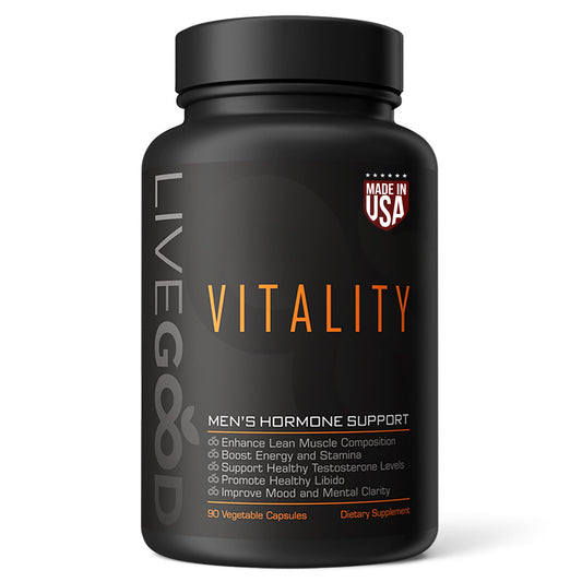 LIVEGOOD Vitality Men's Support bottle emphasizes daily energy and balance.