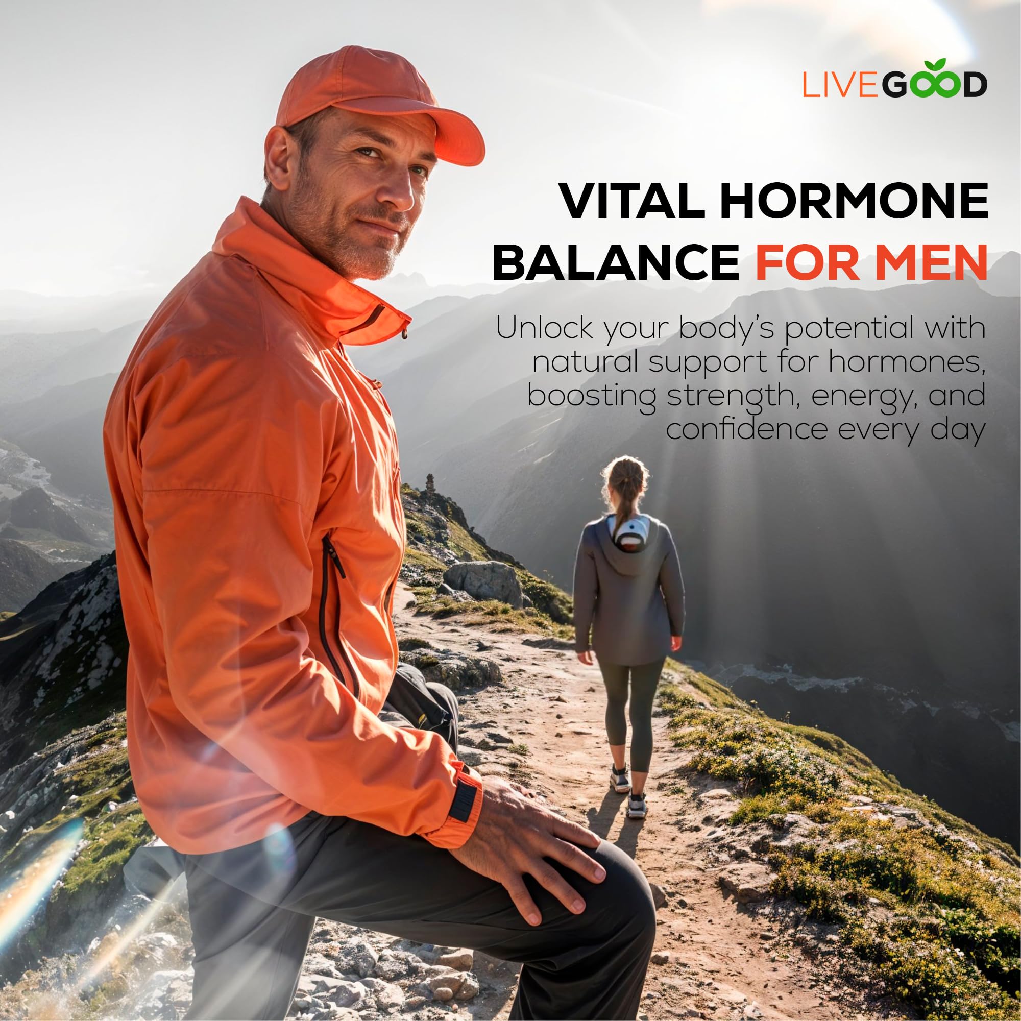 LIVEGOOD Vitality Men's Support label highlights natural ingredients for wellness.