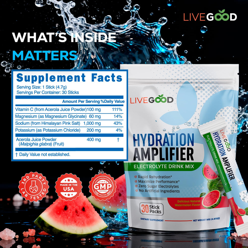 LiveGood Watermelon electrolyte powder dissolving in water for quick hydration support.