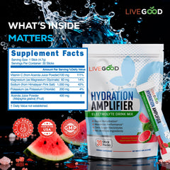 LiveGood Watermelon electrolyte powder dissolving in water for quick hydration support.