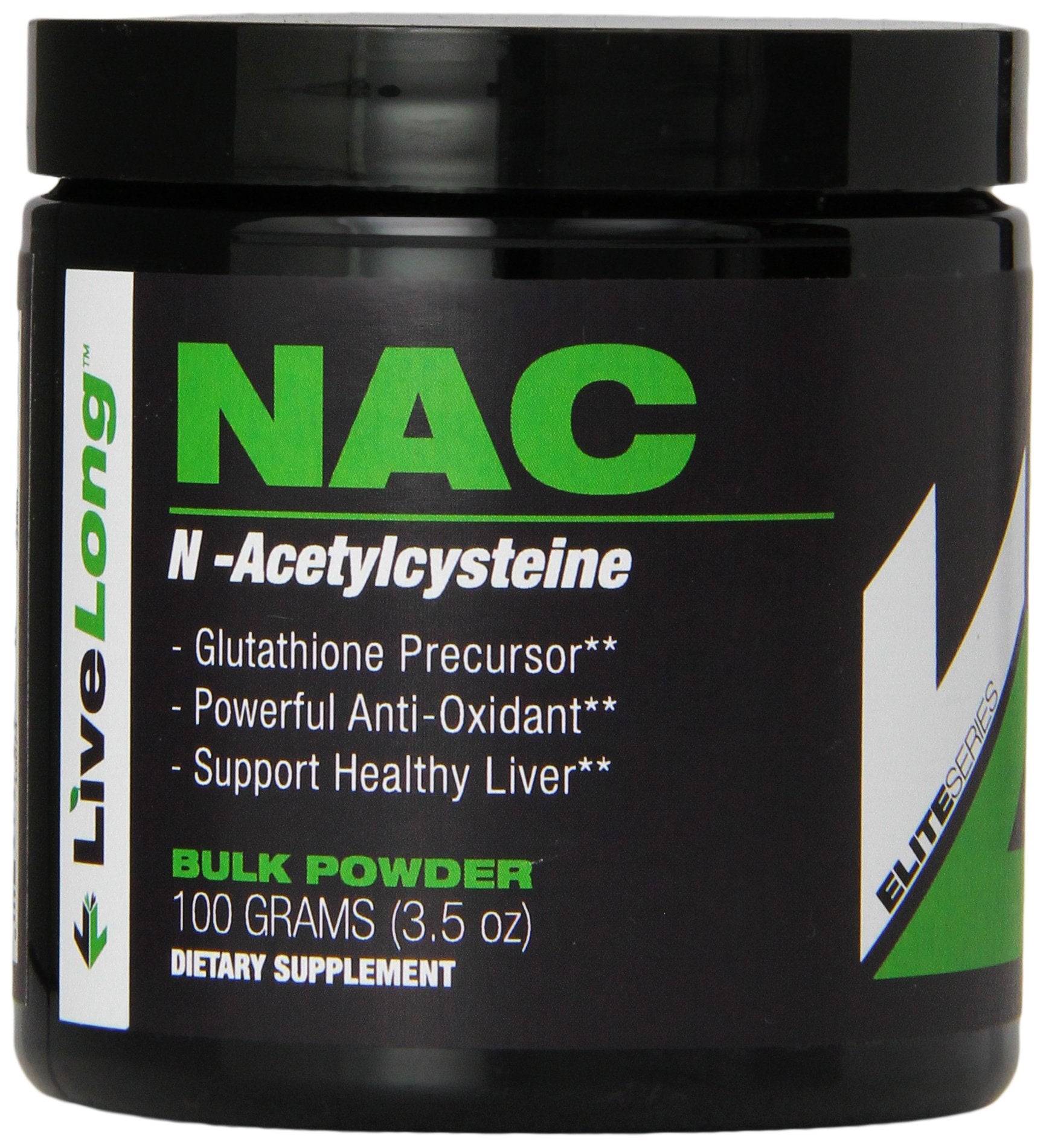 LiveLong NAC powder bottle closeup highlighting antioxidant support potential
