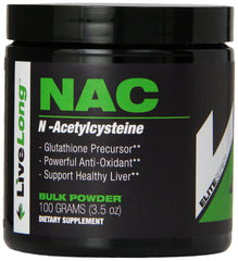 LiveLong NAC powder bottle closeup highlighting antioxidant support potential