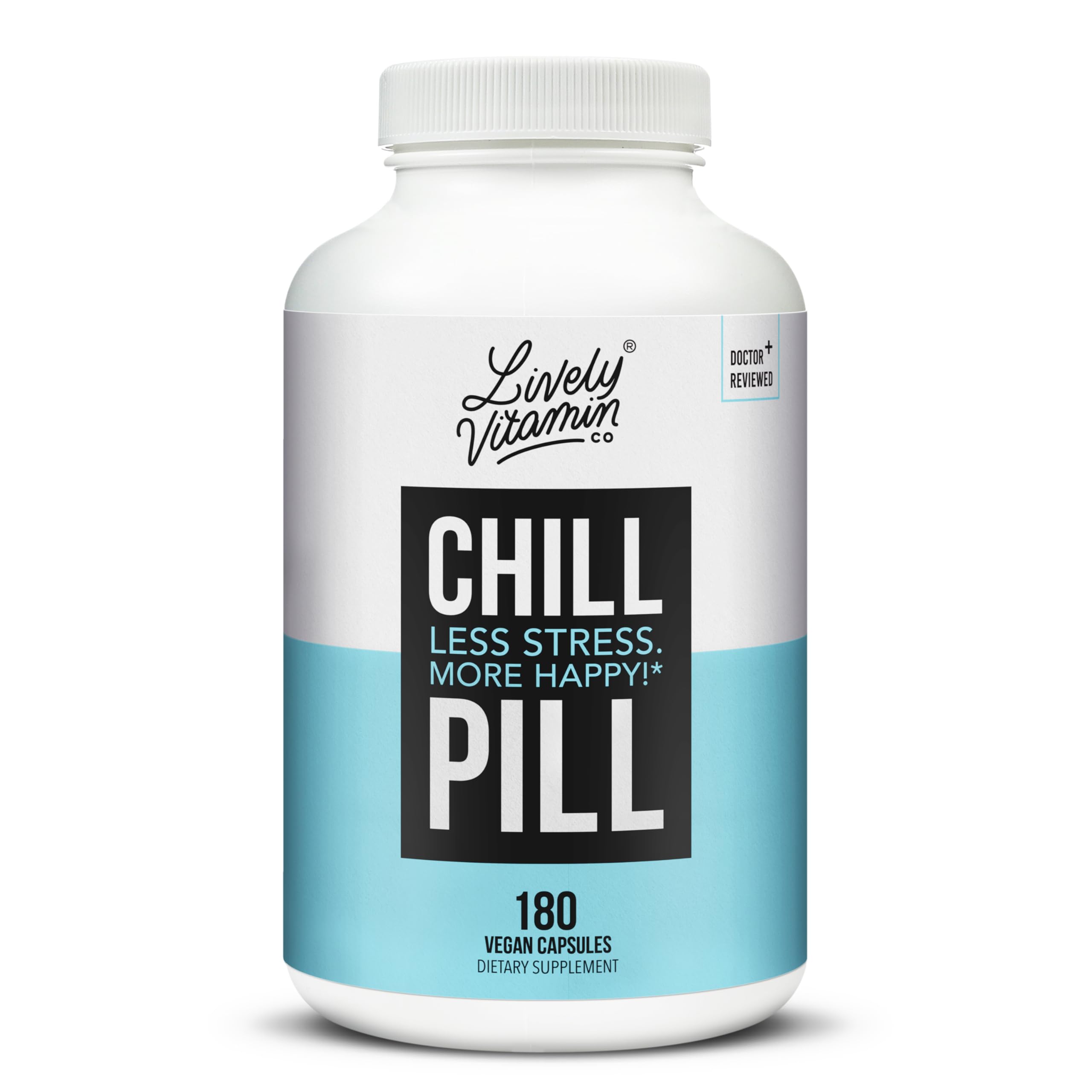 LIVELY VITAMIN CO Chill Pill bottle front shows calm mood support.