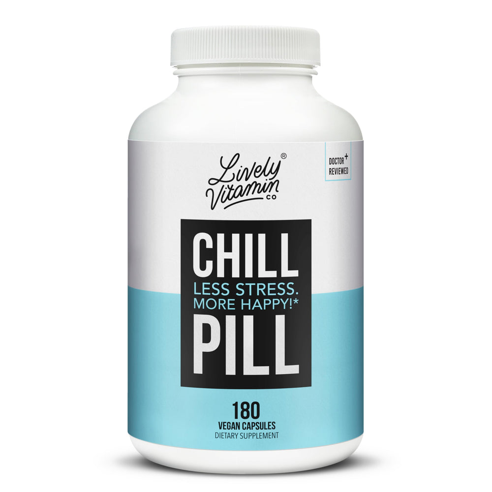 LIVELY VITAMIN CO Chill Pill bottle front shows calm mood support.
