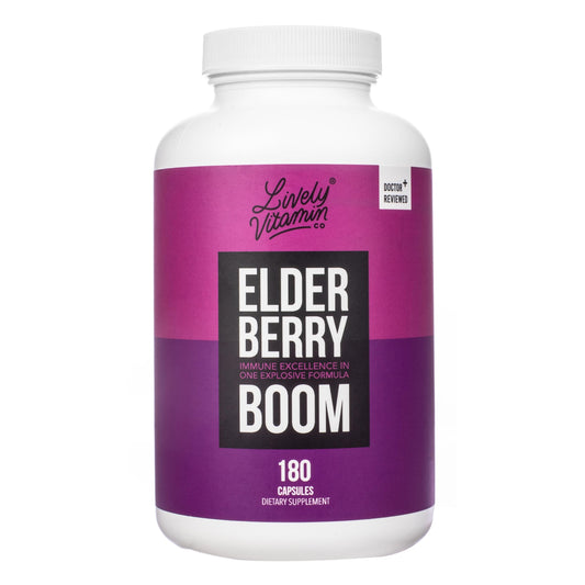 LIVELY VITAMIN CO. Elderberry Boom bottle label highlights immune support ingredients.