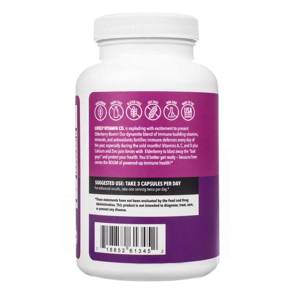 LIVELY VITAMIN CO. Elderberry Boom packaging flatlay emphasizes vegan, non-GMO features.