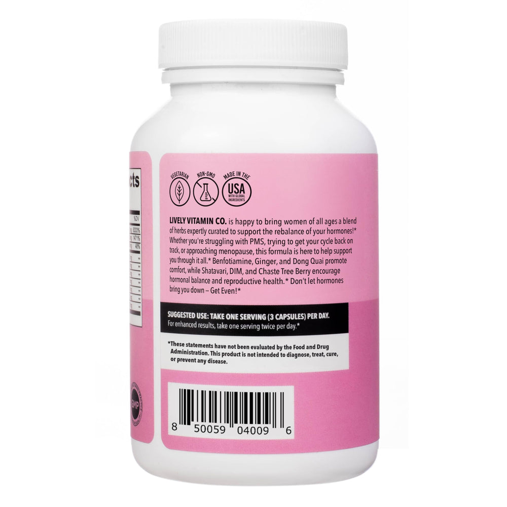 Lively Vitamin Co Get Even ingredient panel, highlighting natural mood and comfort support.