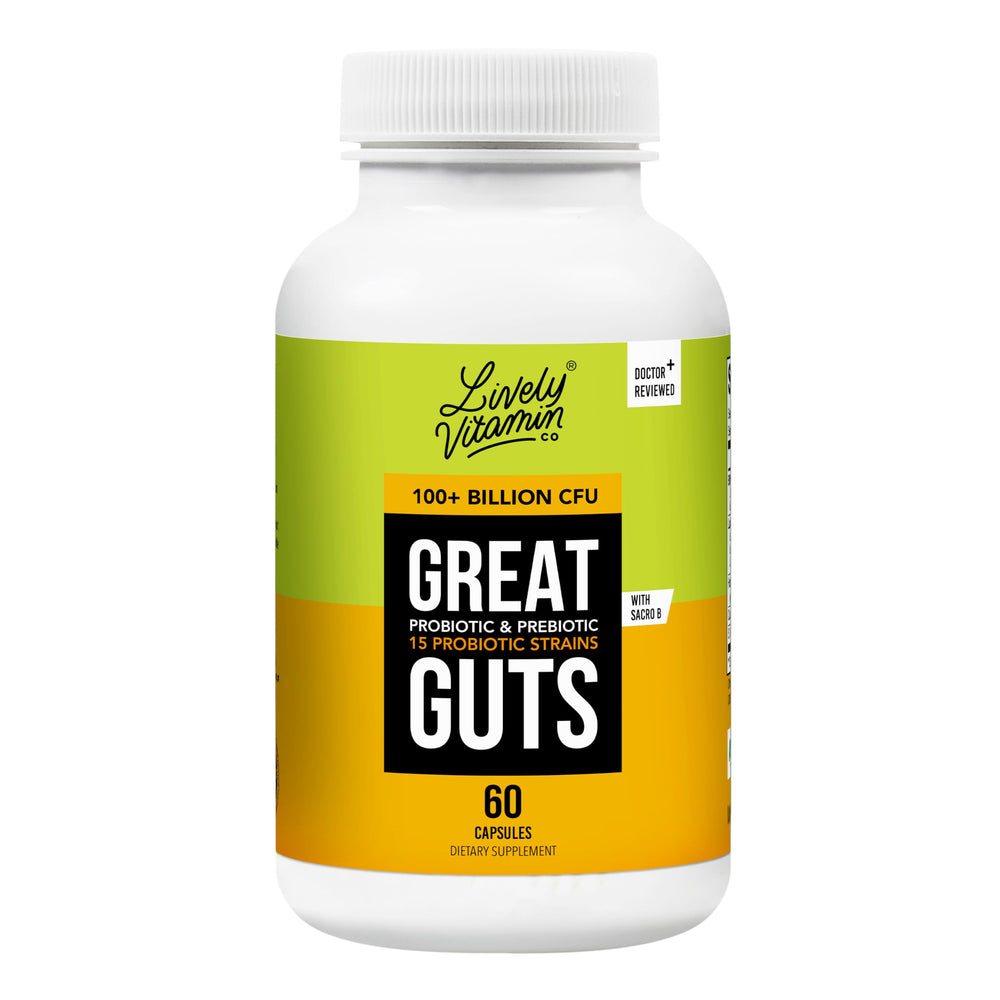 LIVELY VITAMIN CO Great Guts bottle pour for easy gut support.