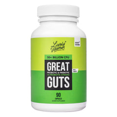LIVELY VITAMIN CO Great Guts probiotic bottle promotes gut balance.