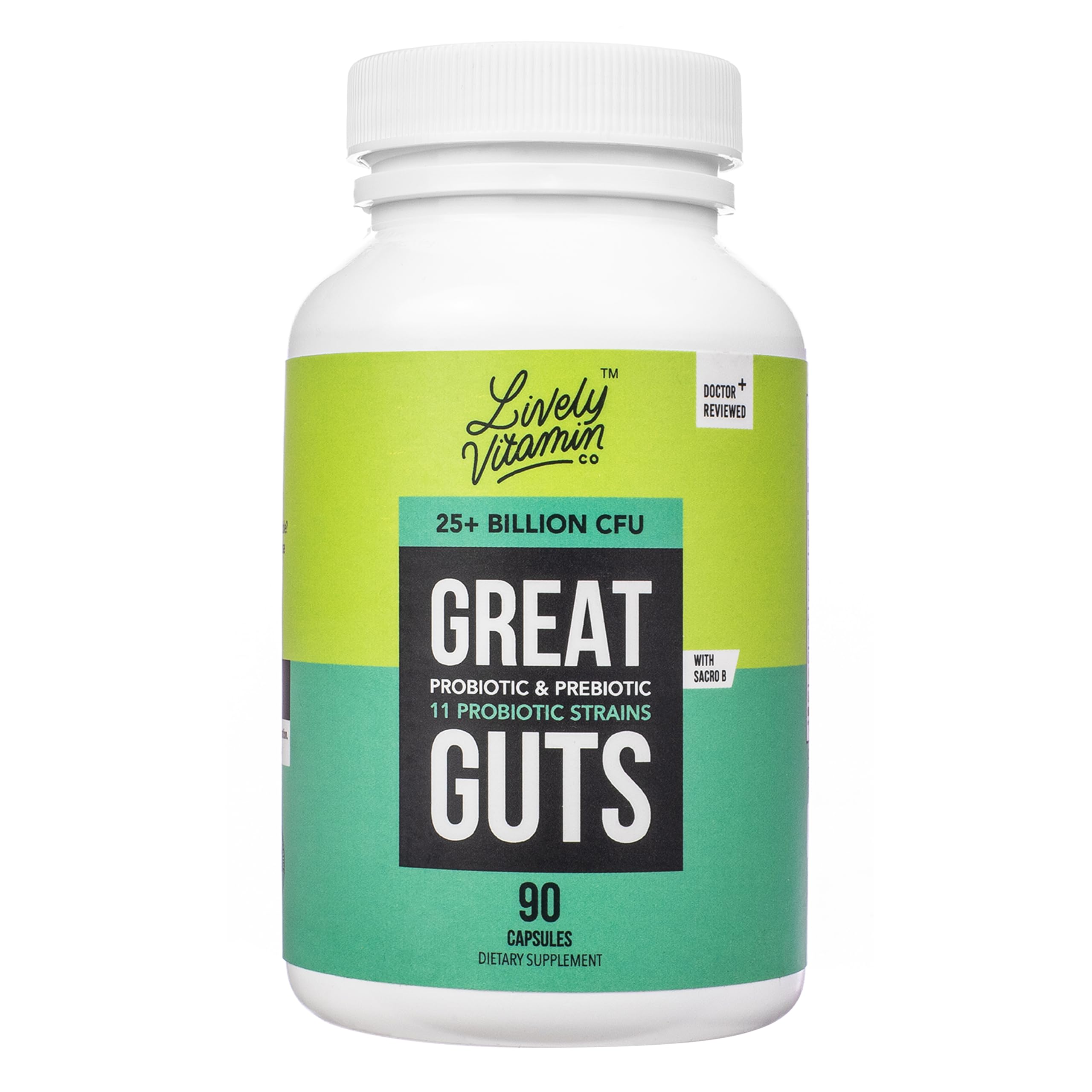 LIVELY VITAMIN CO Great Guts bottle highlighting 25B CFU probiotic for gut support.