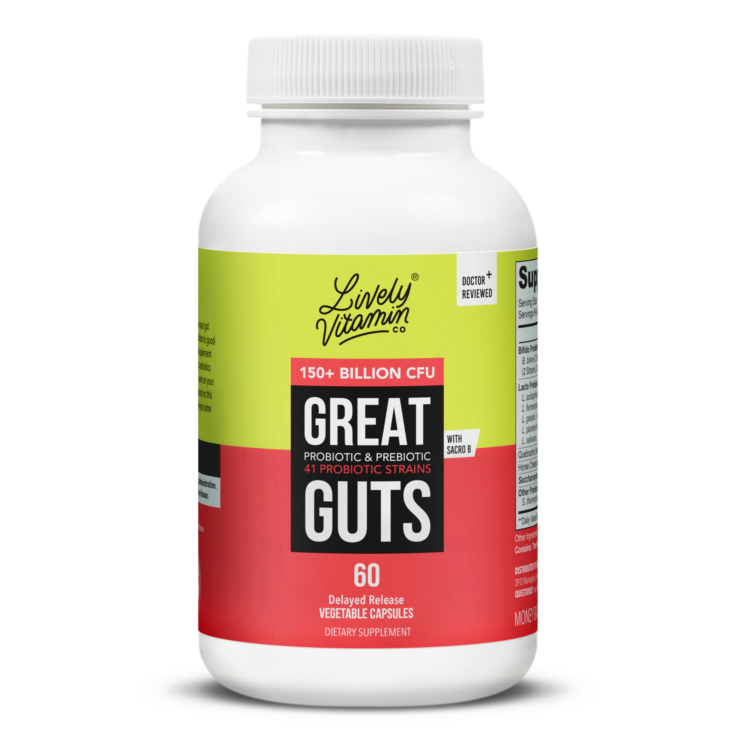 LIVELY VITAMIN CO Great Guts bottle front view supports digestion and gut balance.