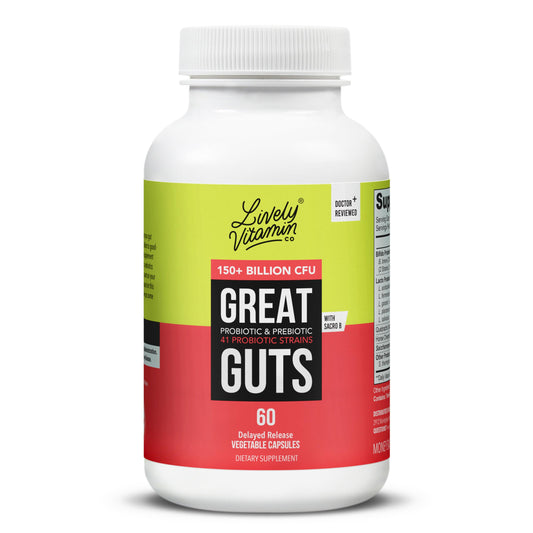 LIVELY VITAMIN CO Great Guts bottle front view supports digestion and gut balance.