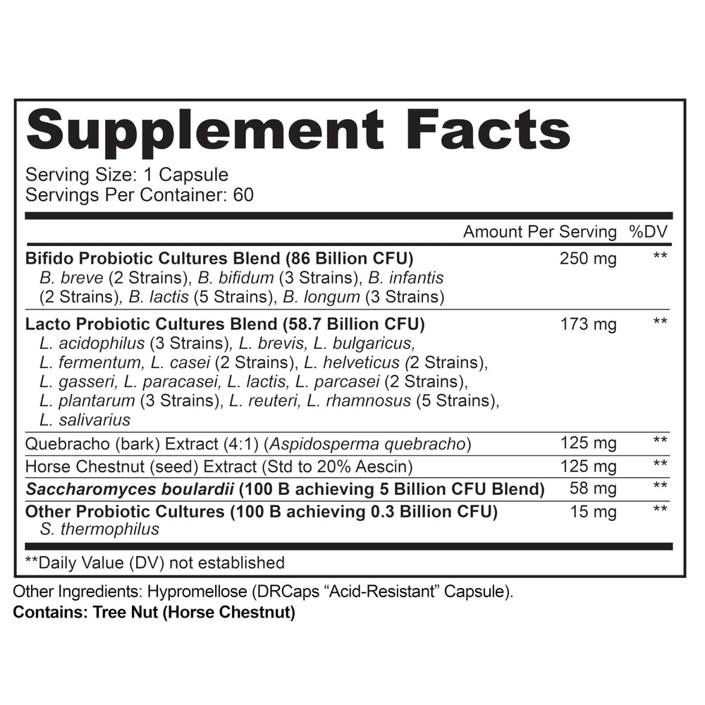 Ingredients chart highlighting multi-strain probiotic and prebiotic components.