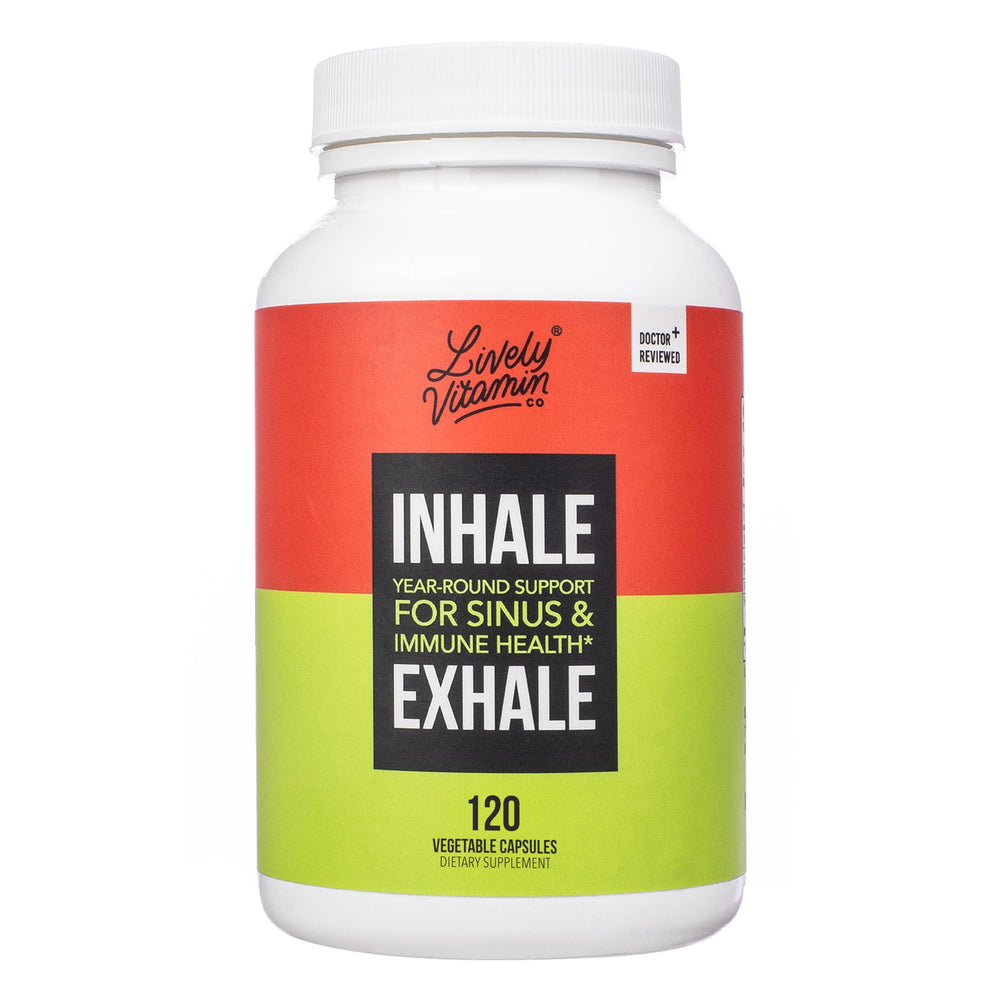 Lively Vitamin Co Inhale Exhale bottle signals natural allergy support for daily comfort.