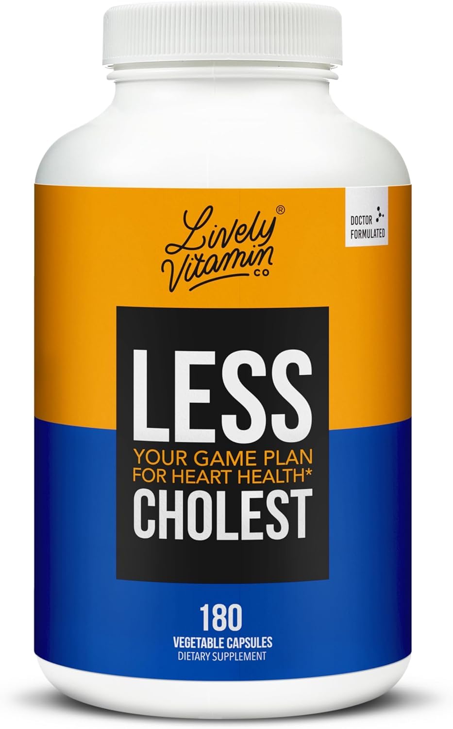 LIVELY VITAMIN CO Less Cholest bottle pouring, statin-free heart support