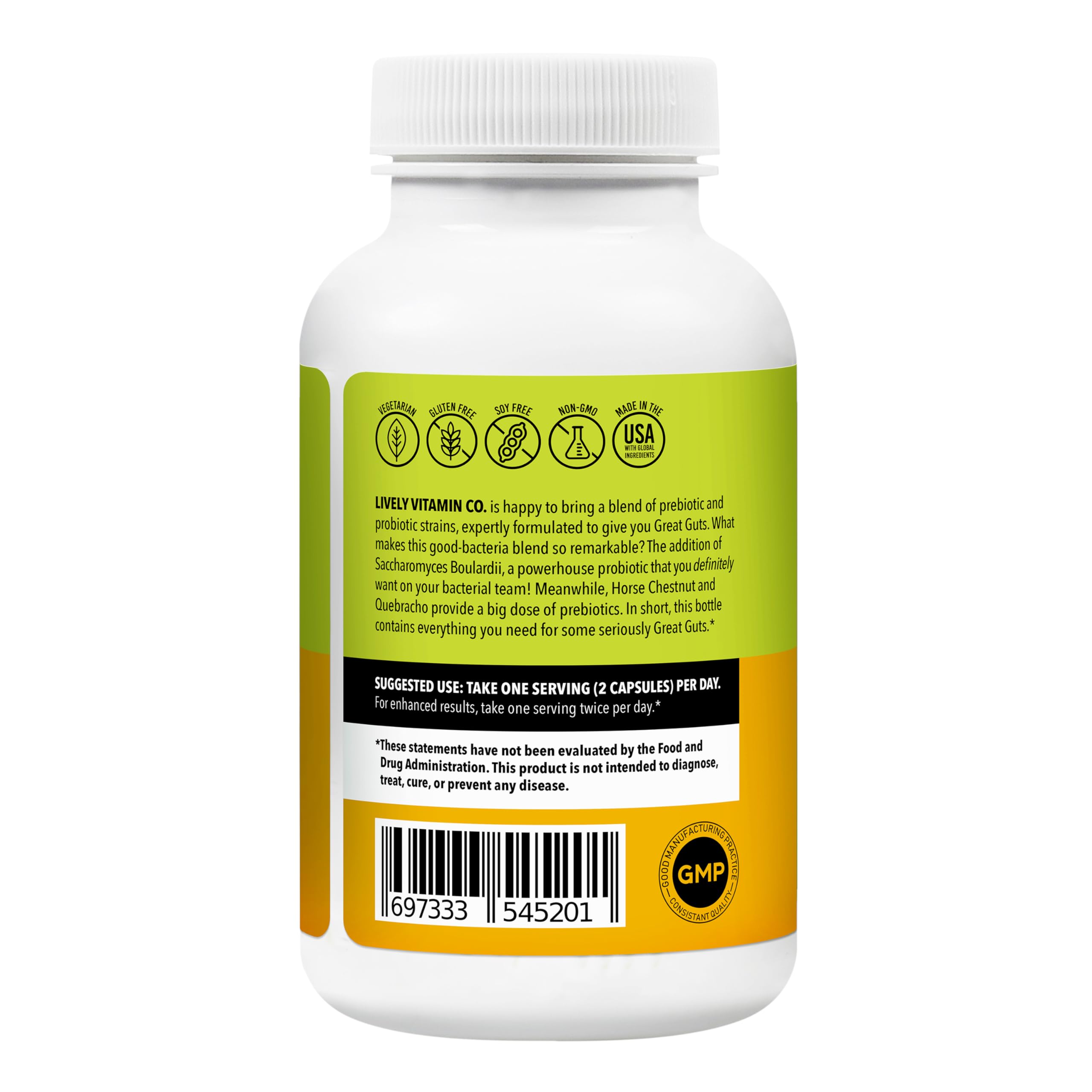 LIVELY VITAMIN CO Great Guts bottle highlights Saccharomyces boulardii presence.