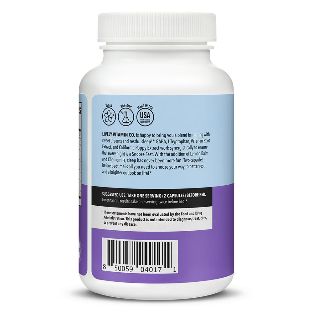 LIVELY VITAMIN CO Snooze Fest bottle on nightstand supports balanced sleep routines.