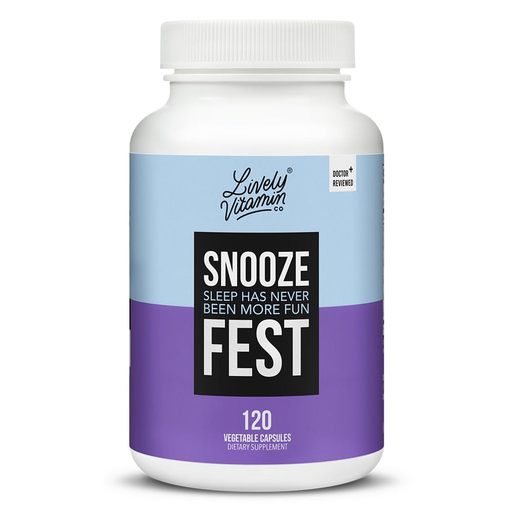 LIVELY VITAMIN CO Snooze Fest bottle promotes full REM cycles for restorative sleep.