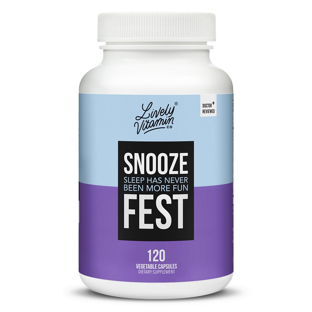 LIVELY VITAMIN CO Snooze Fest bottle promotes full REM cycles for restorative sleep.