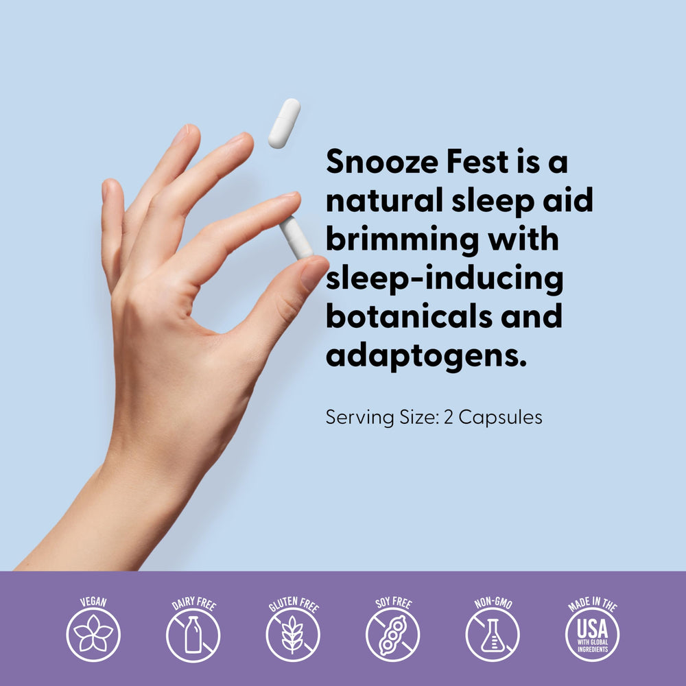 LIVELY VITAMIN CO Snooze Fest capsules hint at melatonin and chamomile ingredients.