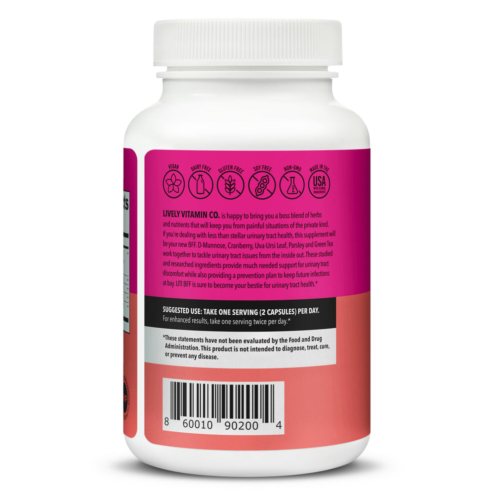 UTBye bottle label highlights cranberry and plant extracts for bladder wellness.
