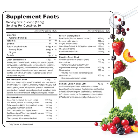 LIVELY VITAMIN CO ingredients in a glass bottle show greens and reds for balance.