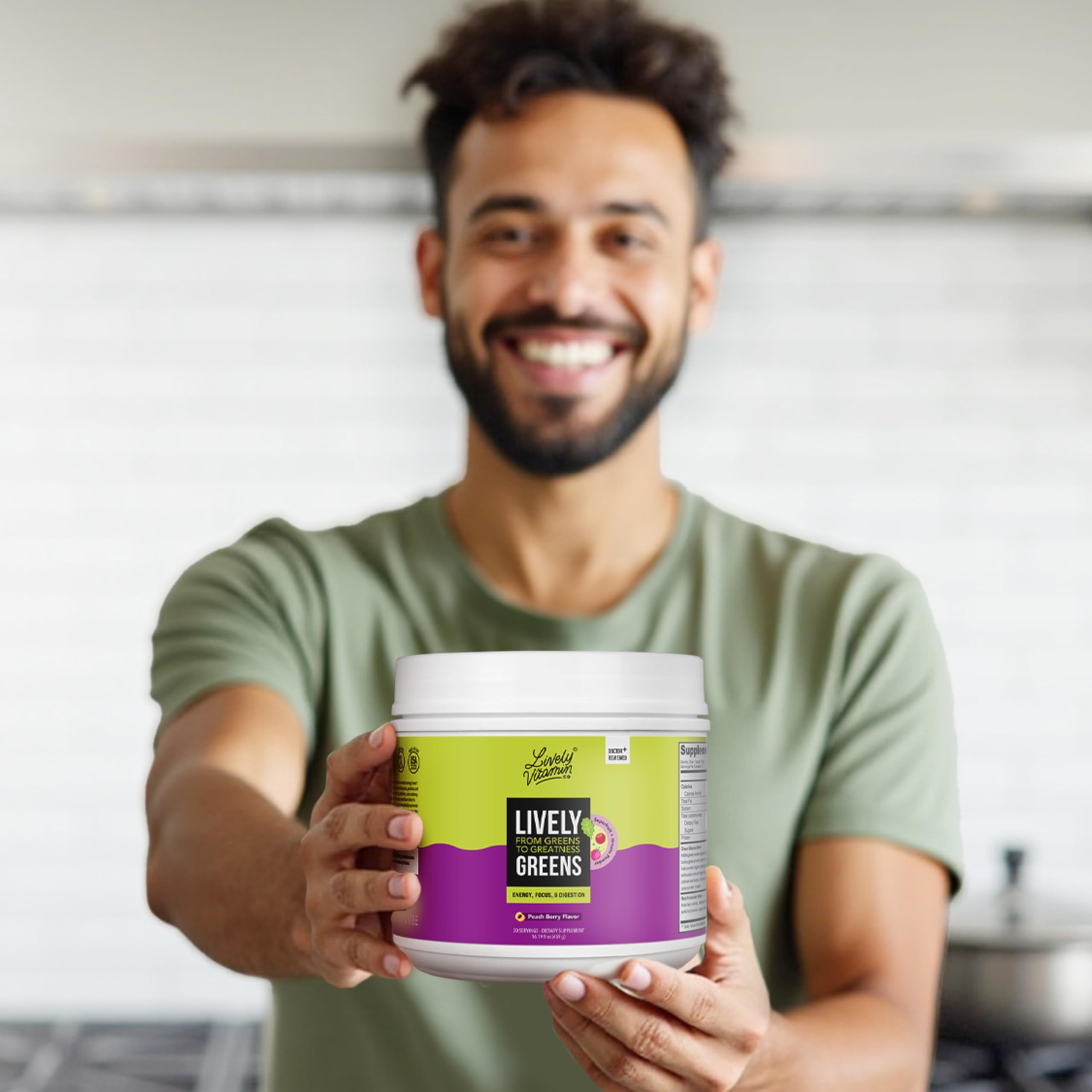 LIVELY VITAMIN CO powder scoop mid-blend for easy mixing.