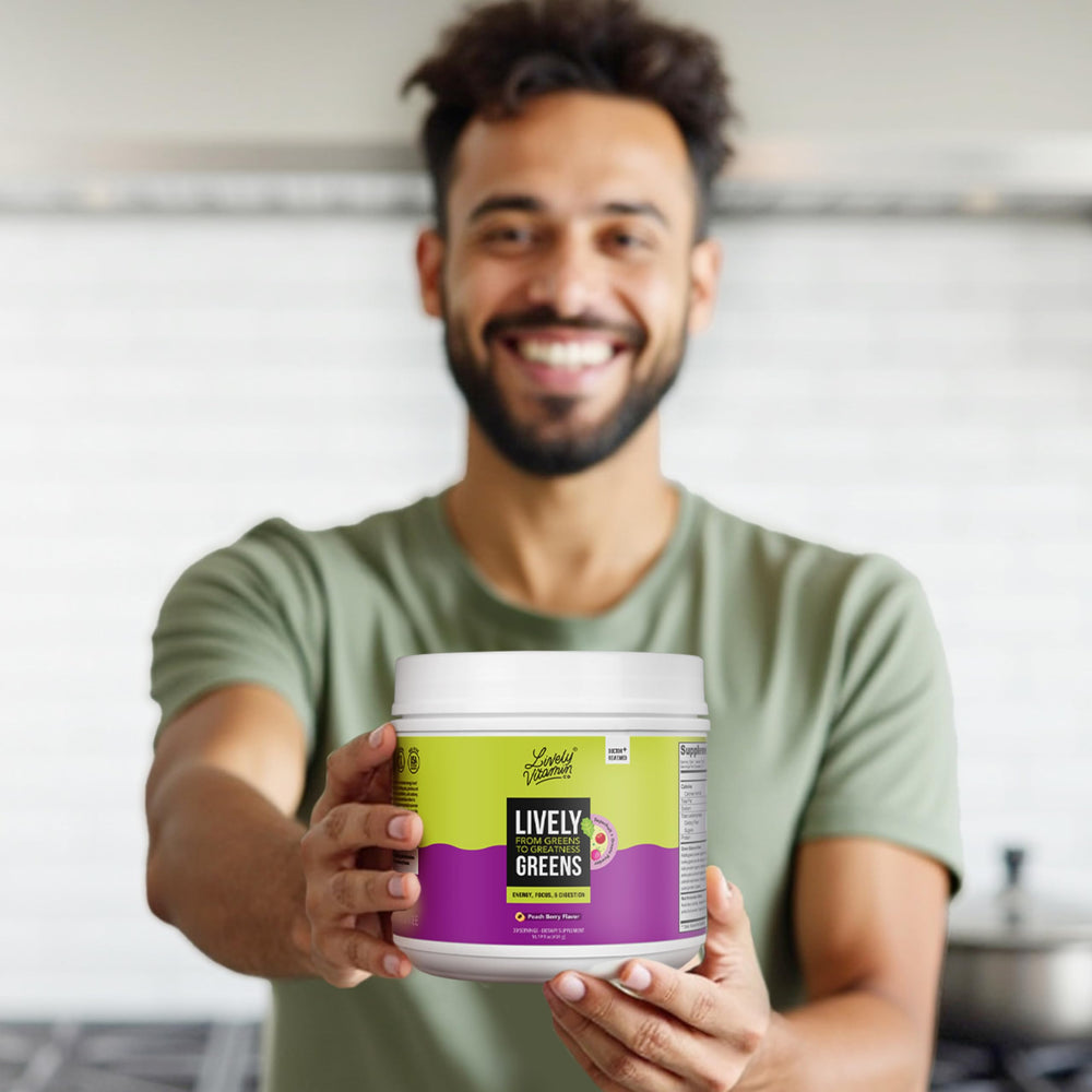 LIVELY VITAMIN CO powder scoop mid-blend for easy mixing.
