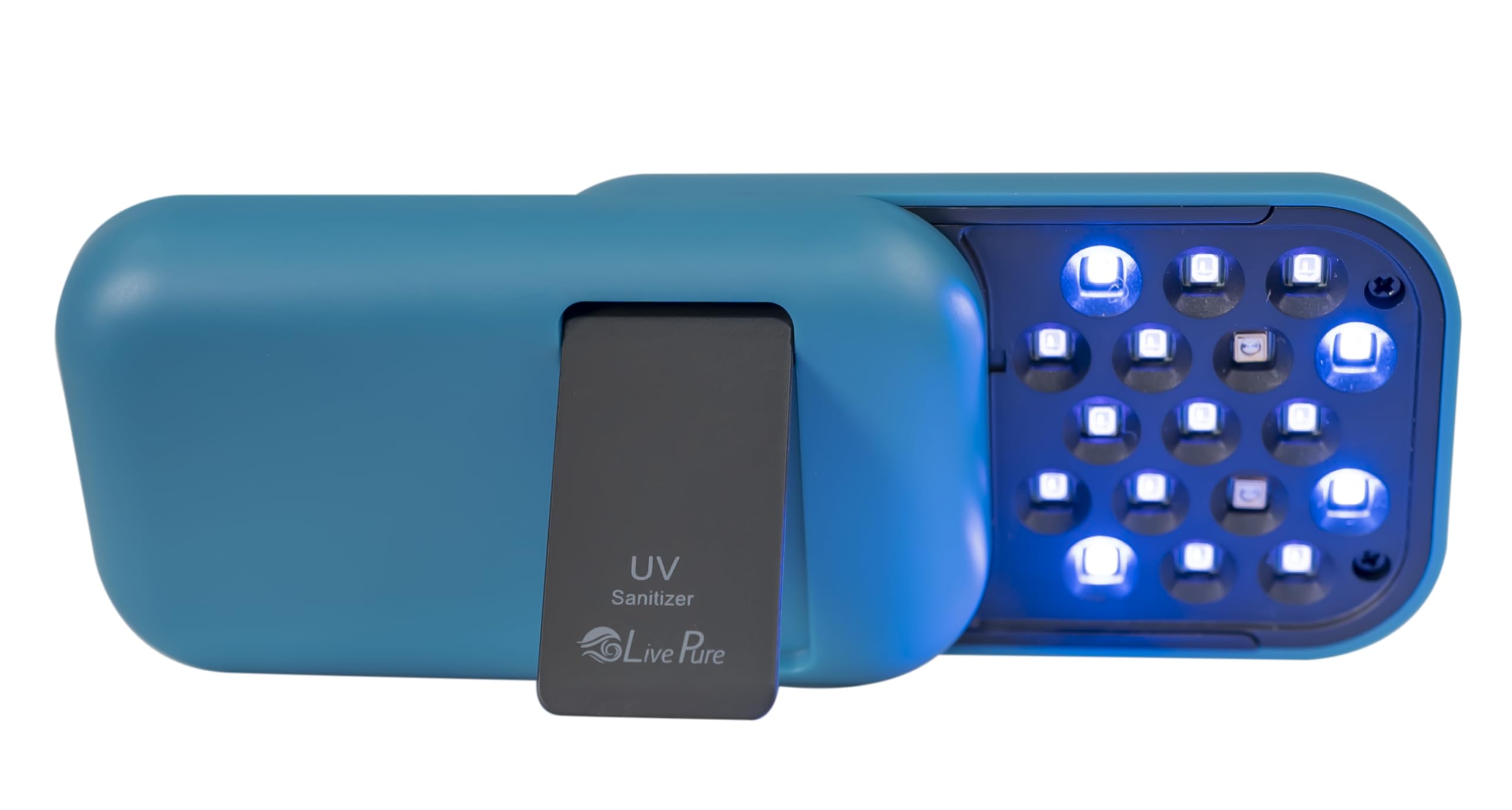 LivePure handheld UV sanitizer front view for on-the-go surface disinfection.