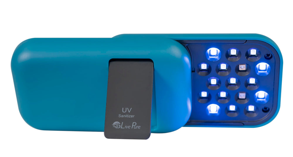 LivePure handheld UV sanitizer front view for on-the-go surface disinfection.