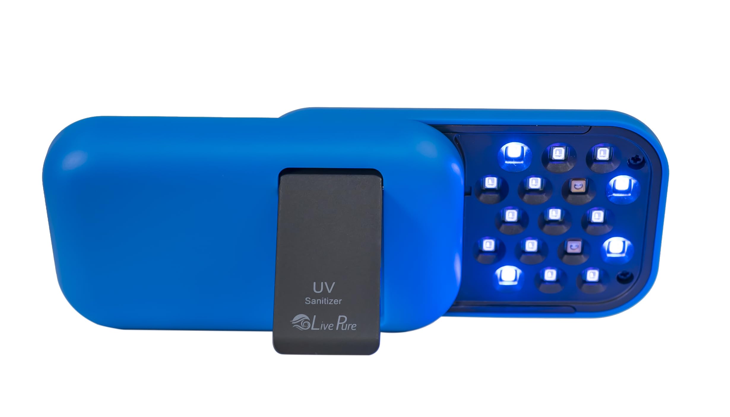 LivePure handheld UV sanitizer shown in hand for quick surface disinfection.