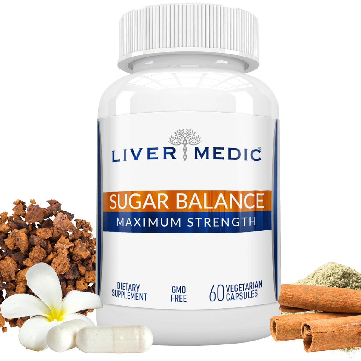 Liver Medic Blood Sugar Complex bottle with capsules for daily energy support.
