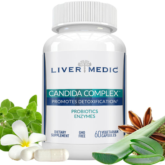 Liver Medic Candida Complex bottle close-up promoting gut support