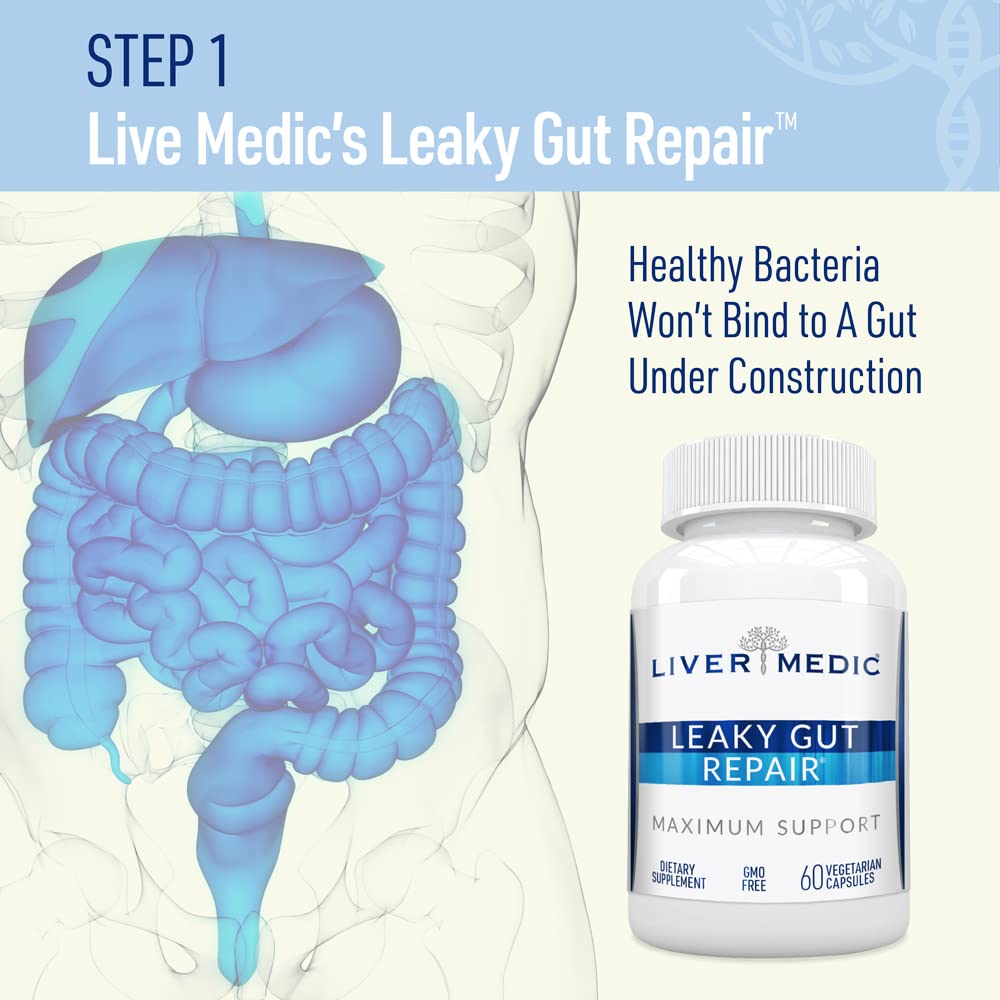 Liver Medic Leaky Gut Repair bottle with herbs background hints at gut wellness.