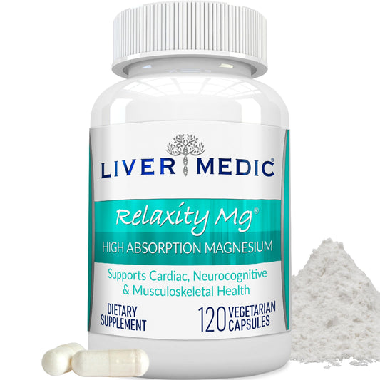 Liver Medic Relaxity mg bottle showing clear dosage and relaxed label for sleep support
