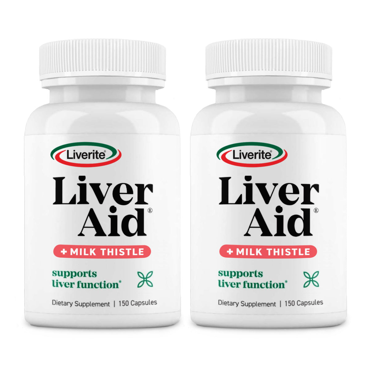 Liverite Liver Aid bottle front, two-pack packaging for daily liver support.