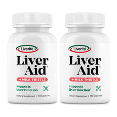 Liverite Liver Aid bottle front, two-pack packaging for daily liver support.
