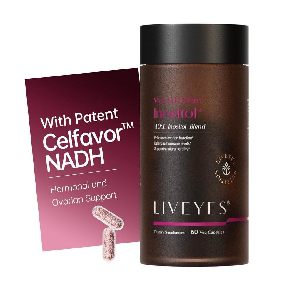 LiveYes Myo-Inositol & DCI 40:1 ratio bottle promoting hormone balance.