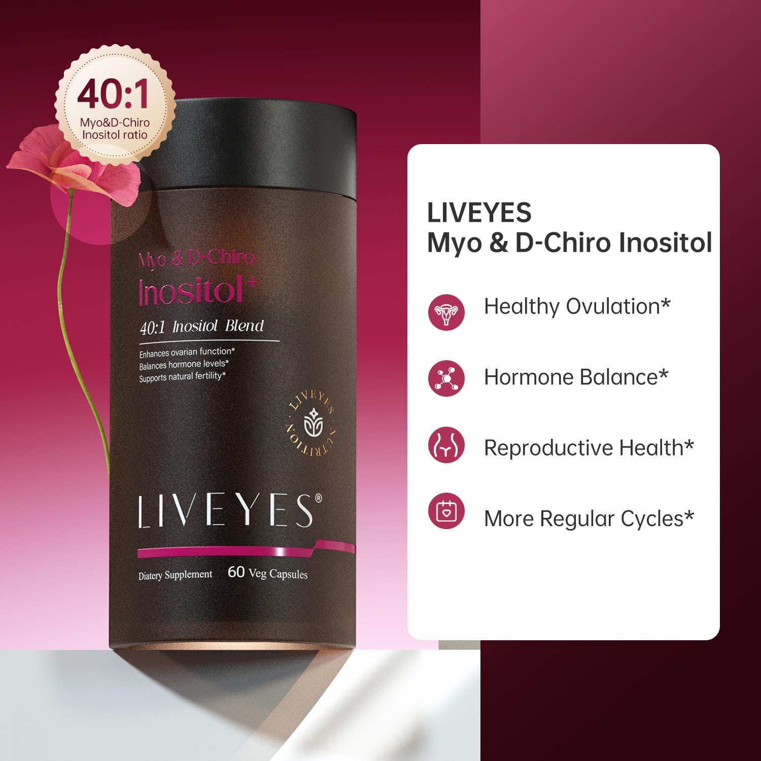 LiveYes quadruple-blend formula for ovarian balance and daily energy.