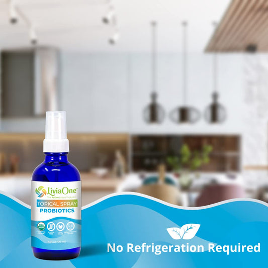 LiviaOne 12-strain probiotic spray packaging supports balanced skin microbiome.