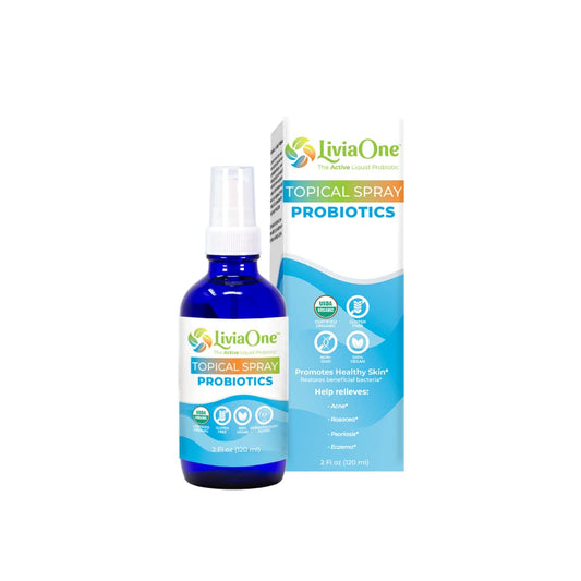 LiviaOne topical probiotic spray bottle close-up highlighting skin support.