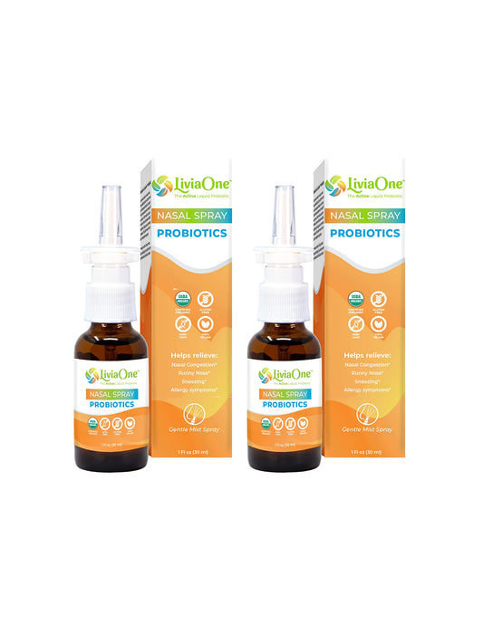 LiviaOne nasal spray bottle ready for use, highlighting plant-based probiotic support.