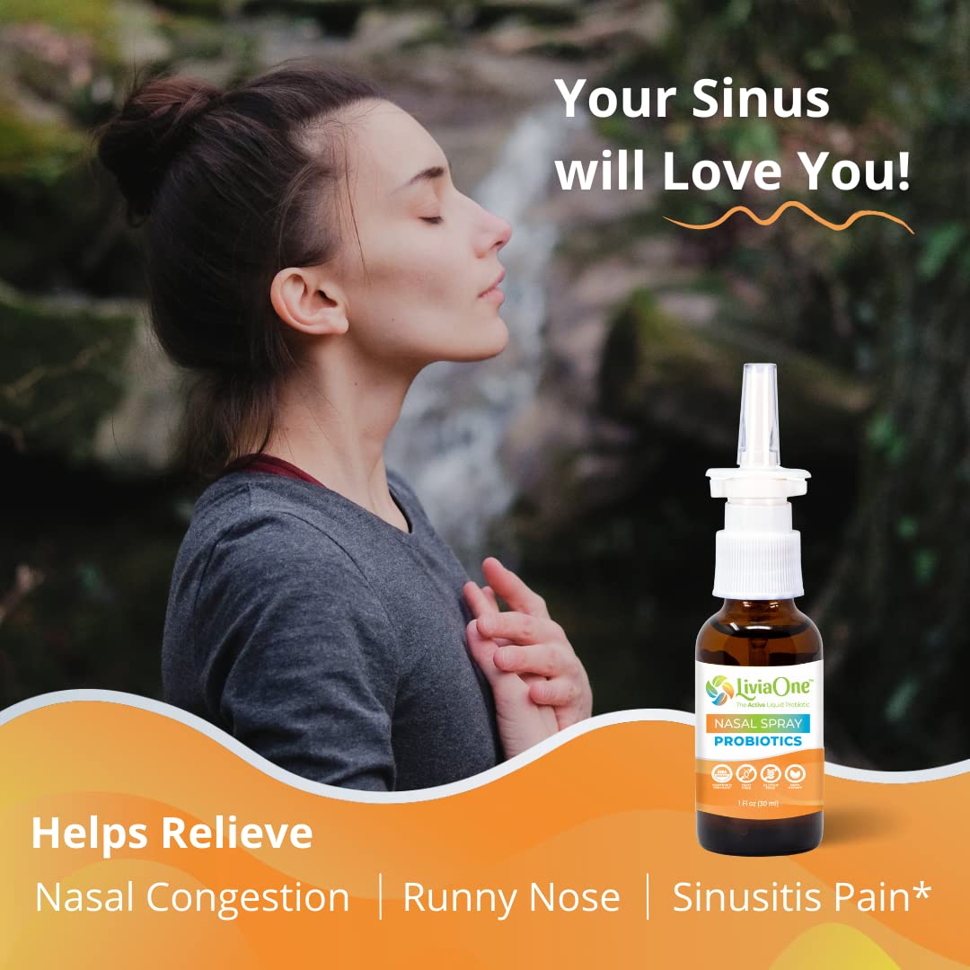 LiviaOne pump-action spray in use, aiming to ease nasal irritants.