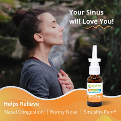 LiviaOne pump-action spray in use, aiming to ease nasal irritants.