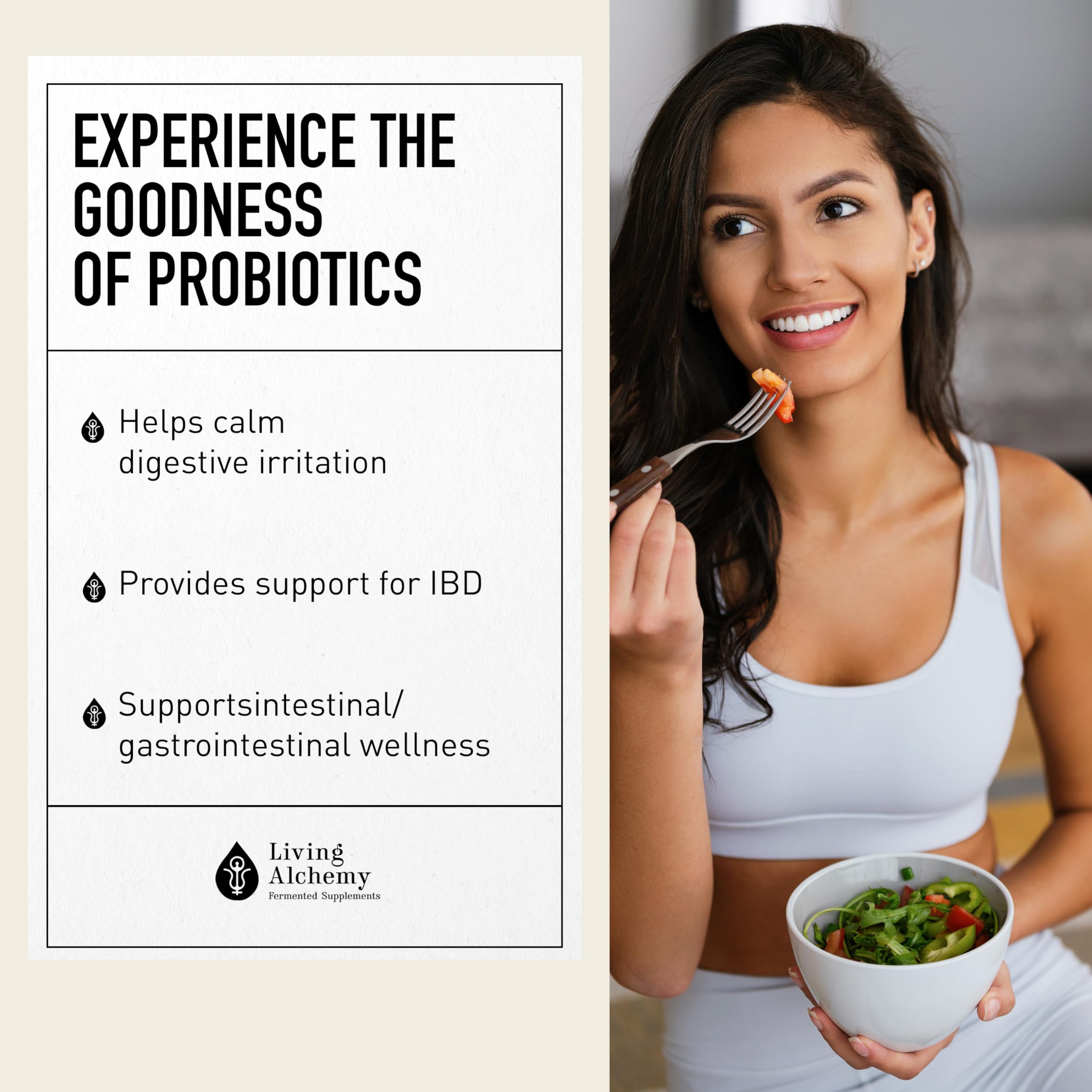 Living Alchemy Prebiotics image emphasizes fuel for beneficial gut bacteria balance