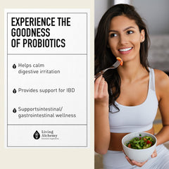 Living Alchemy Prebiotics image emphasizes fuel for beneficial gut bacteria balance