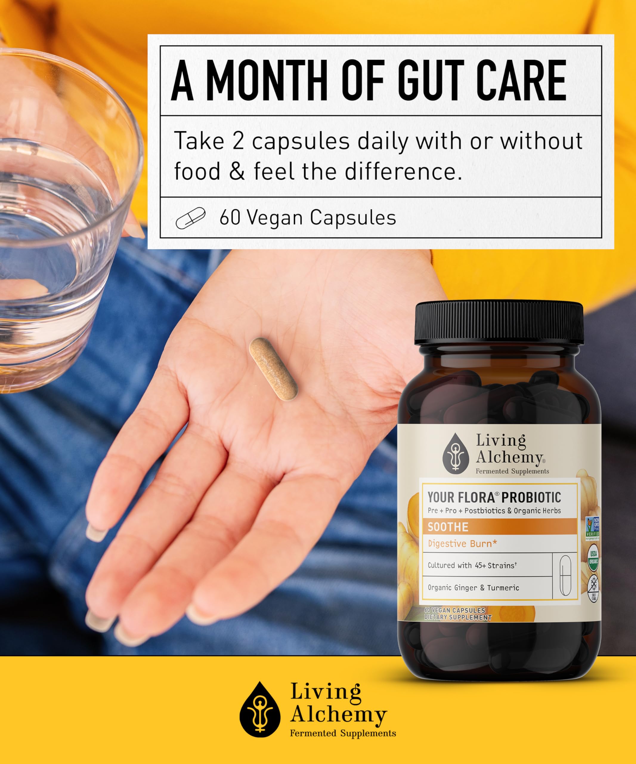 Living Alchemy prebiotics and postbiotics label for daily gut balance