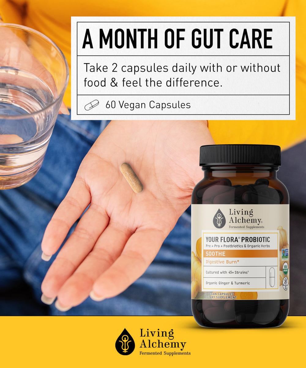 Living Alchemy prebiotics and postbiotics label for daily gut balance